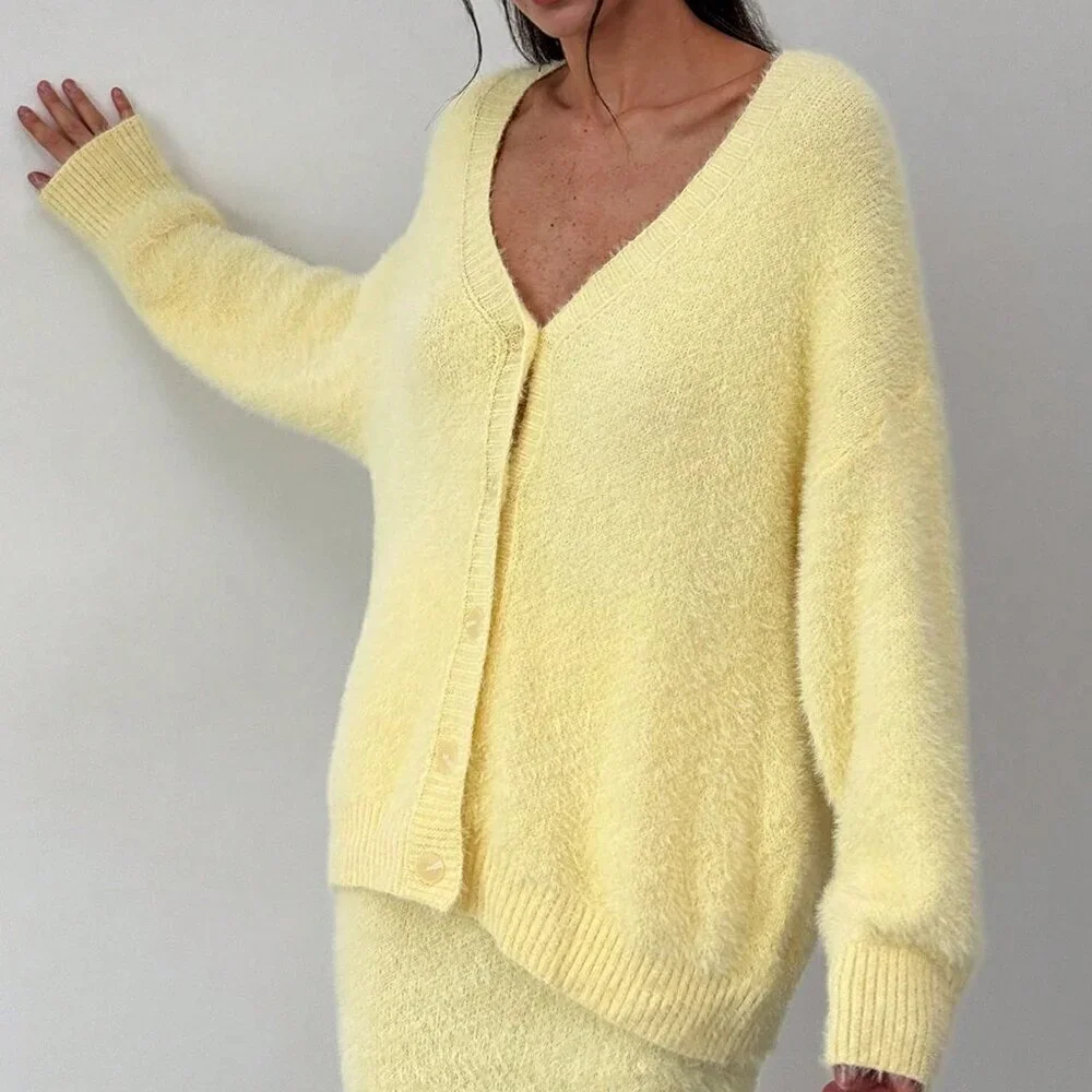 Yellow Casual Womens Oversized Long Sleeve Cardigan and Sweater Maxi Skirt set